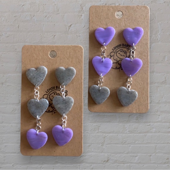 Handmade Lavender Purple and Speckled Grey Polymer Clay Earrings - Dainty Hearts - Picture 5 of 5